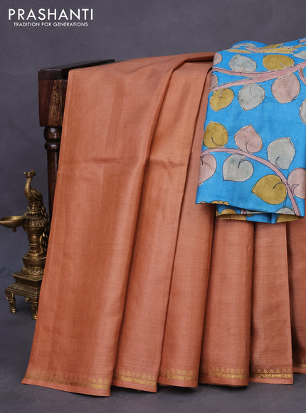 Pure tussar silk saree pale orange and cs blue with plain body and small zari woven border