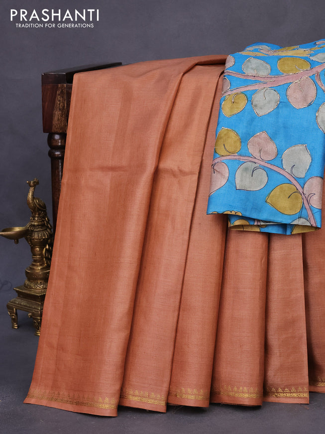 Pure tussar silk saree pale orange and cs blue with plain body and small zari woven border