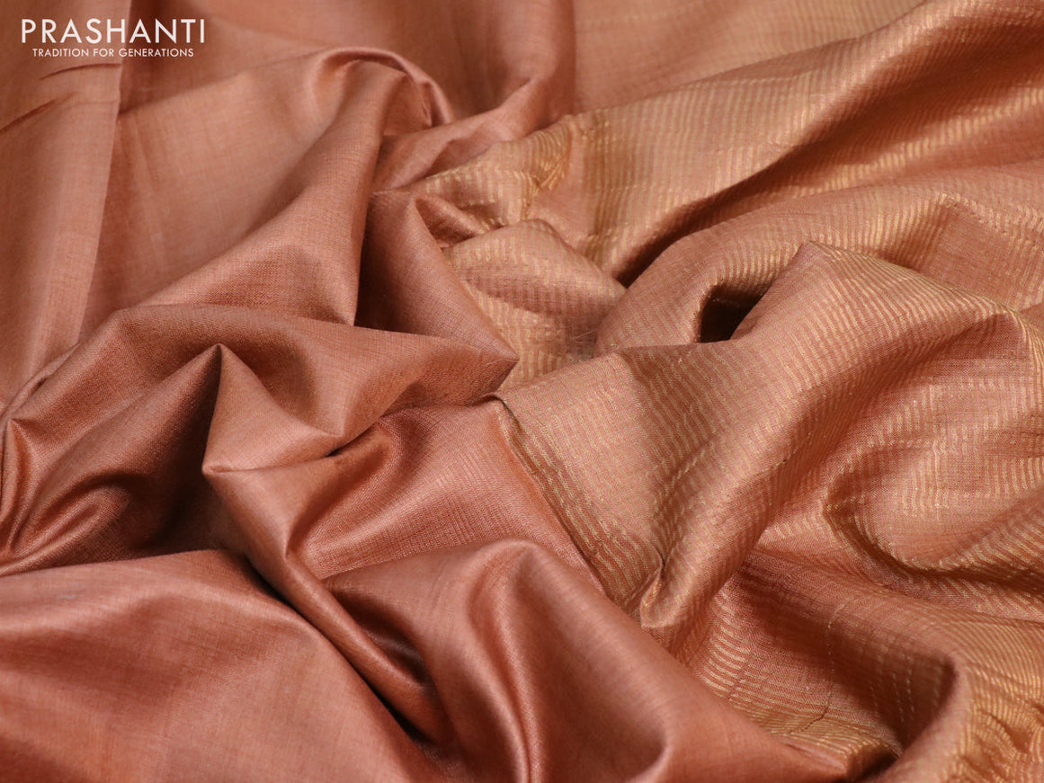 Pure tussar silk saree pale orange and cs blue with plain body and small zari woven border