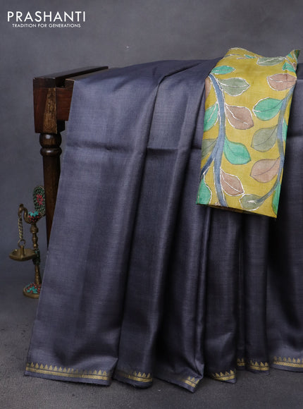 Pure tussar silk saree grey and yellow with plain body and small zari woven border