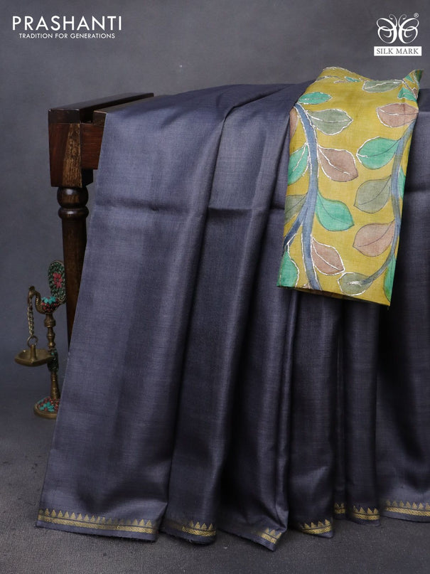 Pure tussar silk saree grey and yellow with plain body and small zari woven border