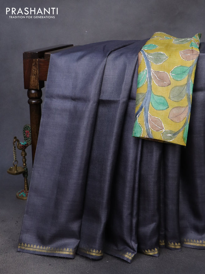 Pure tussar silk saree grey and yellow with plain body and small zari woven border