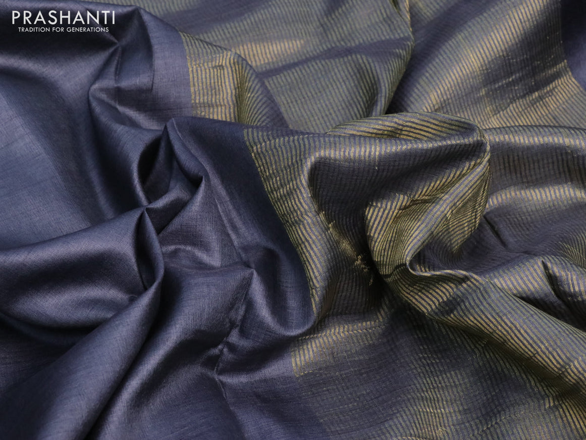 Pure tussar silk saree grey and yellow with plain body and small zari woven border