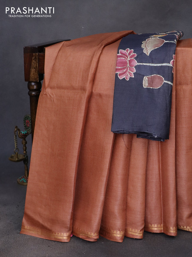 Pure tussar silk saree pale orange and elephant grey with plain body and small zari woven border