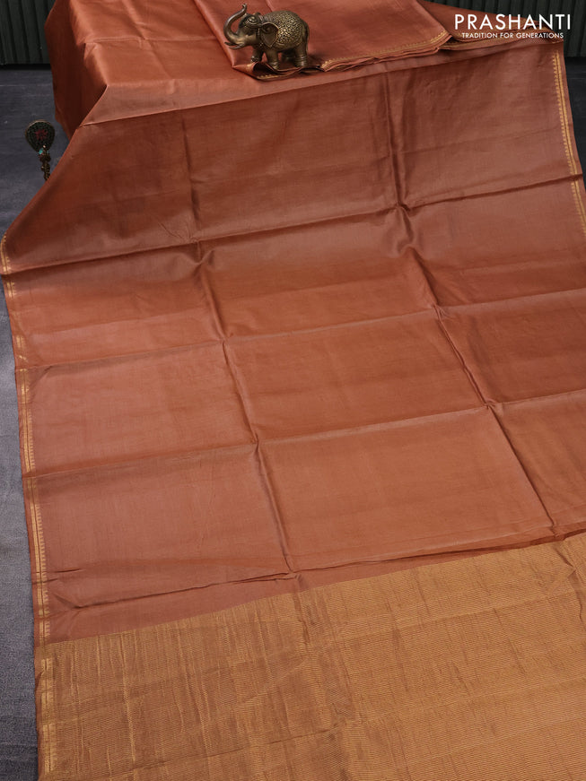 Pure tussar silk saree pale orange and elephant grey with plain body and small zari woven border