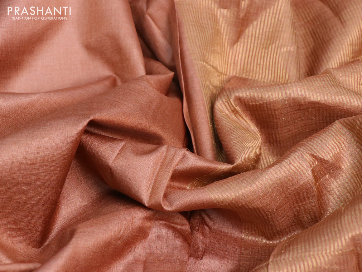 Pure tussar silk saree pale orange and elephant grey with plain body and small zari woven border