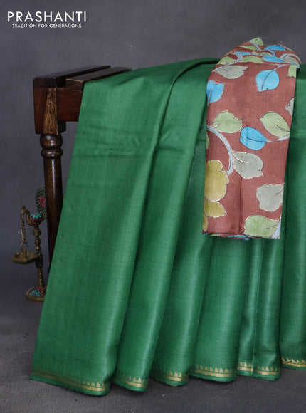 Pure tussar silk saree green and brown with plain body and small zari woven border