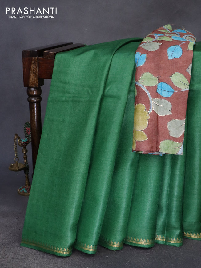 Pure tussar silk saree green and brown with plain body and small zari woven border