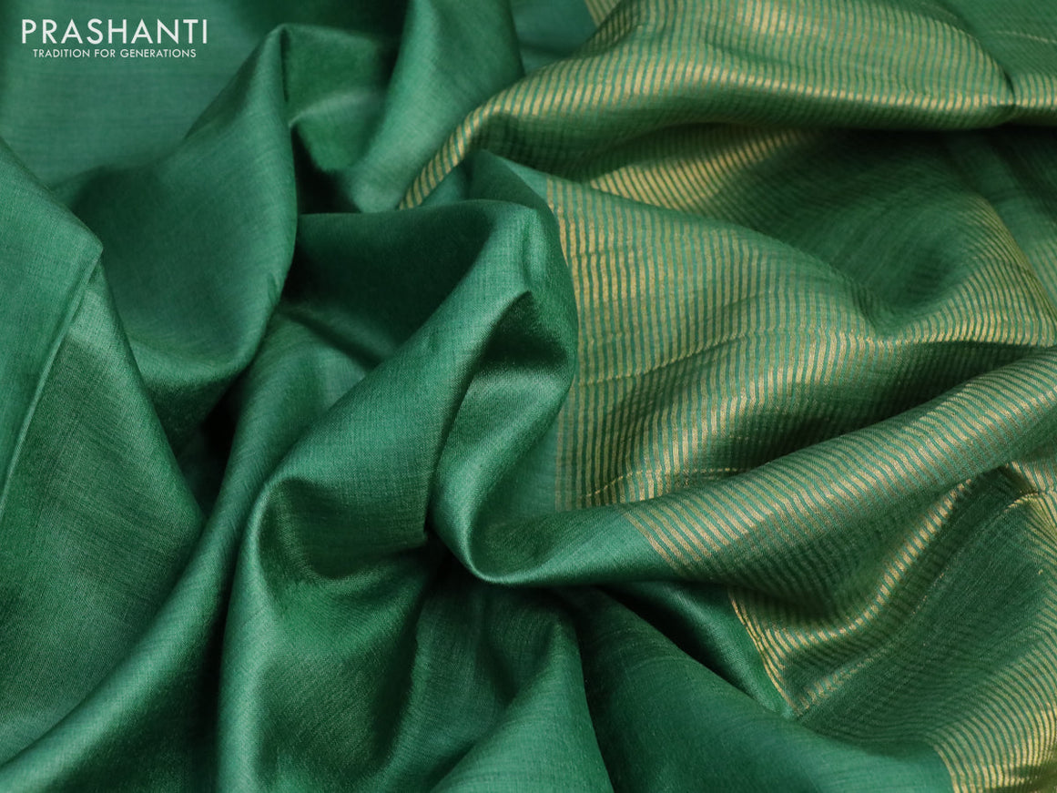 Pure tussar silk saree green and brown with plain body and small zari woven border