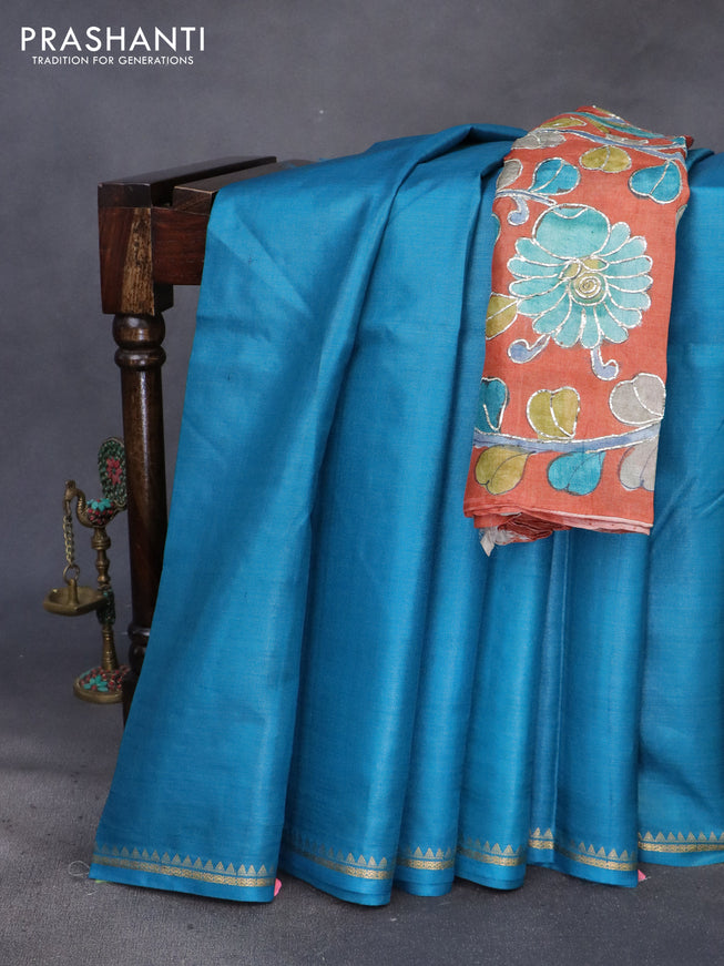 Pure tussar silk saree cs blue and orange with plain body and small zari woven border