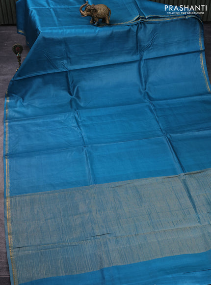 Pure tussar silk saree cs blue and orange with plain body and small zari woven border