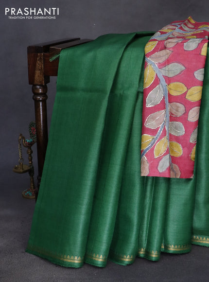 Pure tussar silk saree green and pink with plain body and small zari woven border