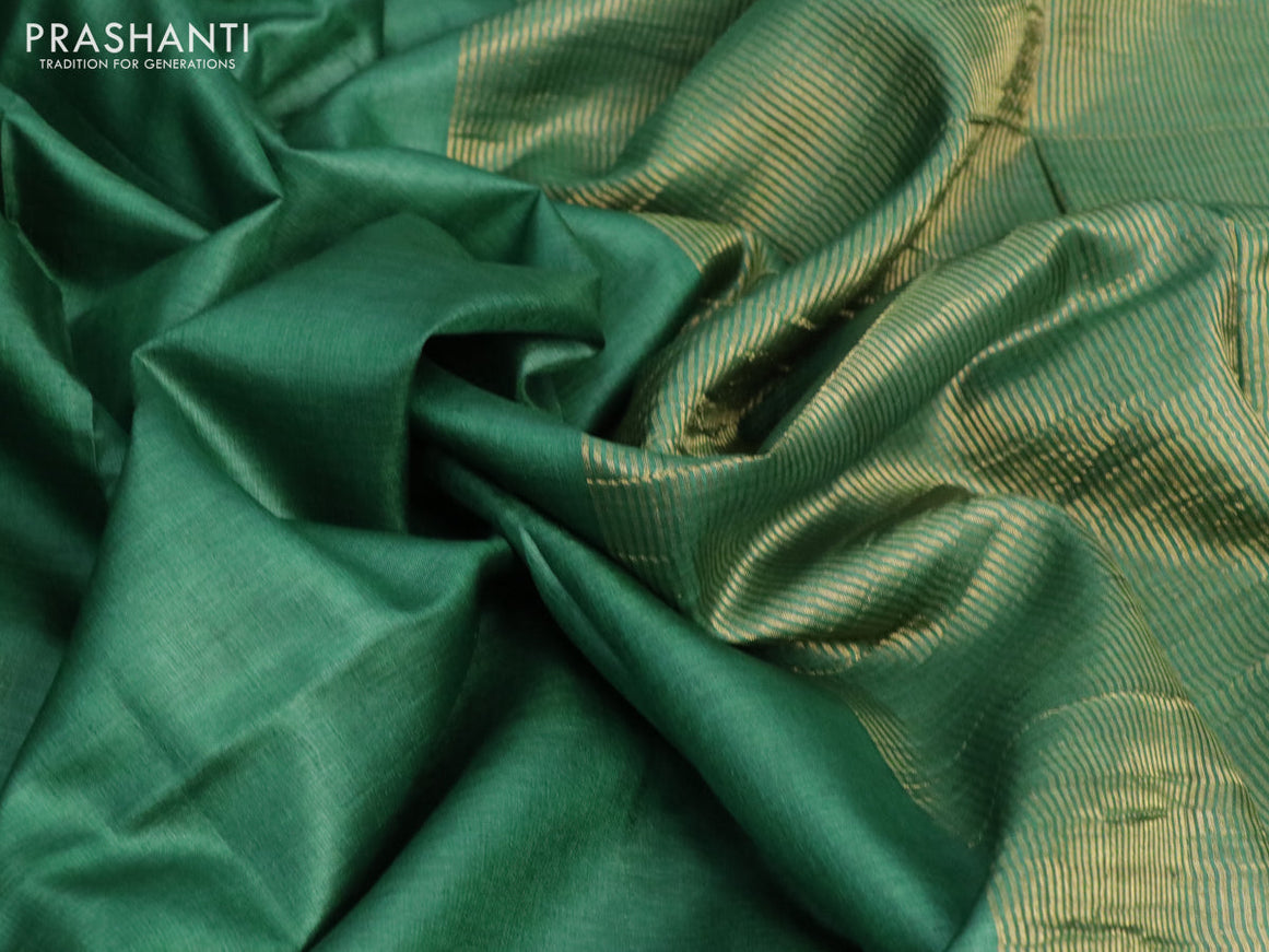 Pure tussar silk saree green and pink with plain body and small zari woven border