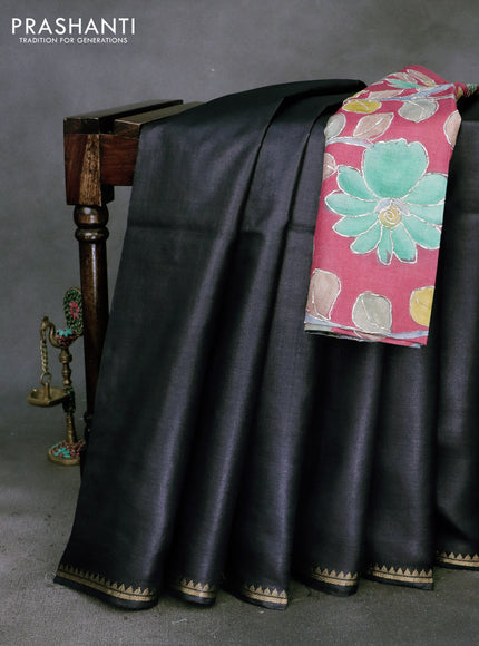 Pure tussar silk saree black and pink with plain body and small zari woven border