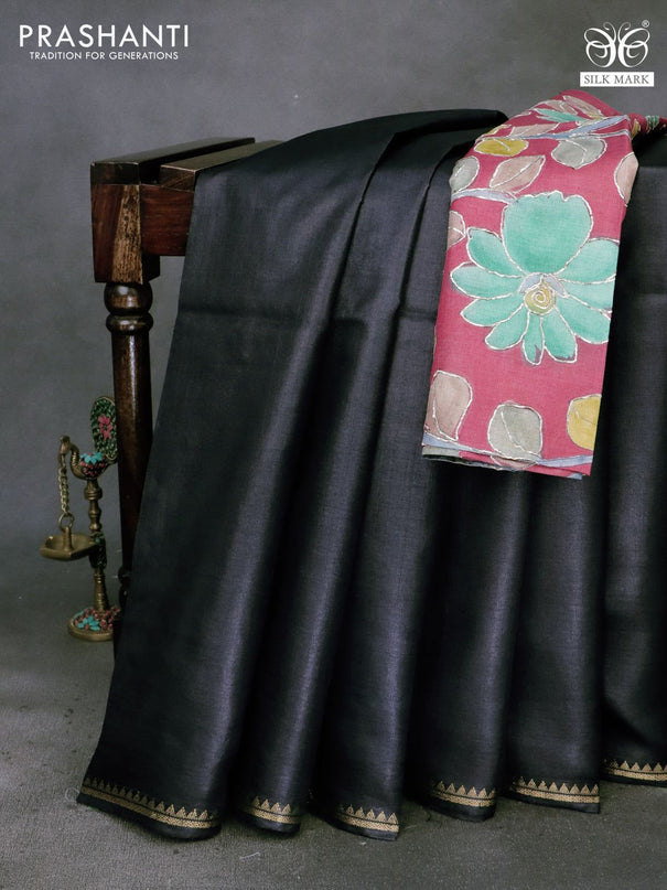 Pure tussar silk saree black and pink with plain body and small zari woven border