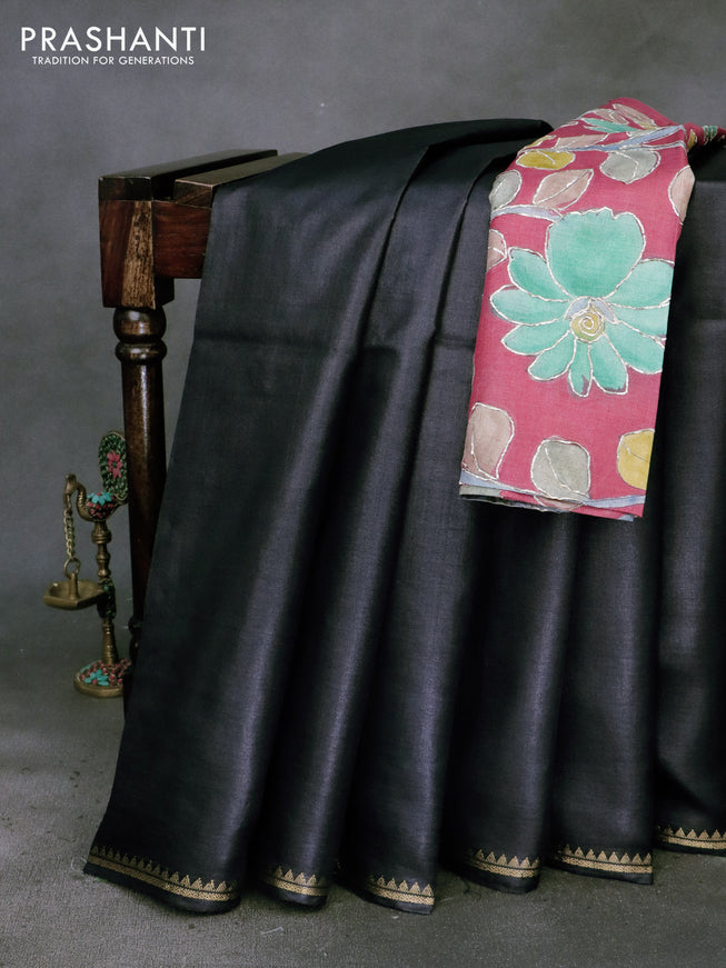 Pure tussar silk saree black and pink with plain body and small zari woven border