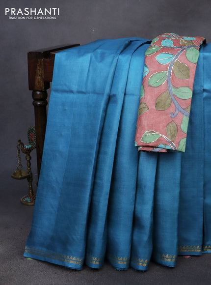 Pure tussar silk saree cs blue and peach shade with plain body and small zari woven border