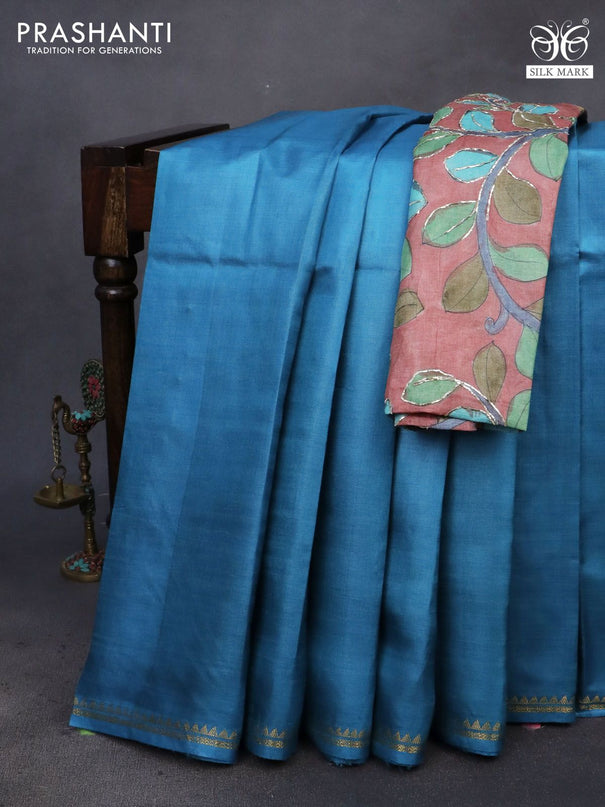 Pure tussar silk saree cs blue and peach shade with plain body and small zari woven border