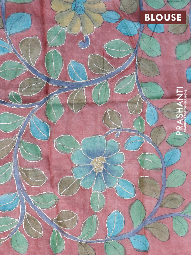 Pure tussar silk saree cs blue and peach shade with plain body and small zari woven border