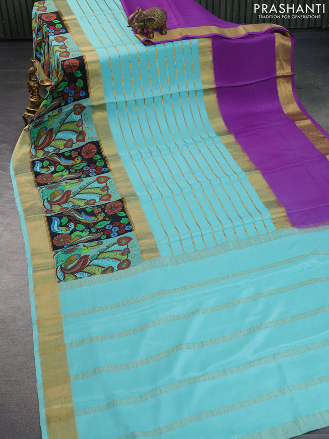 Pure mysore silk saree teal blue and purple black with zari woven stripes pattern and rettapet zari woven printed border