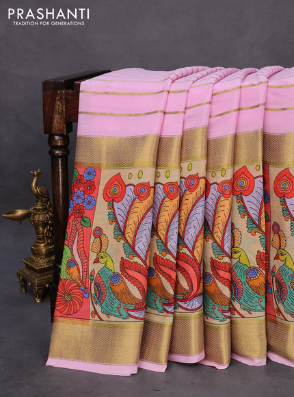 Pure mysore silk saree light pink and dark pink with zari woven stripes pattern and rettapet zari woven printed border