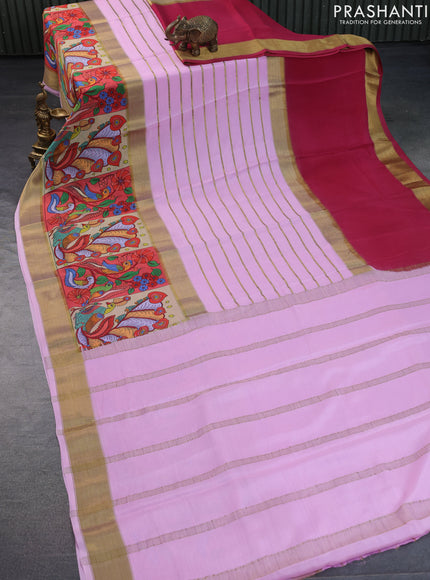 Pure mysore silk saree light pink and dark pink with zari woven stripes pattern and rettapet zari woven printed border