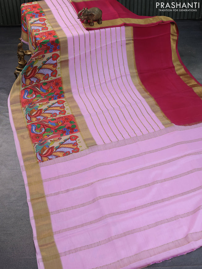 Pure mysore silk saree light pink and dark pink with zari woven stripes pattern and rettapet zari woven printed border