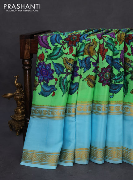 Pure mysore silk saree light green and light blue with kalamkari digital prints and long zari woven border