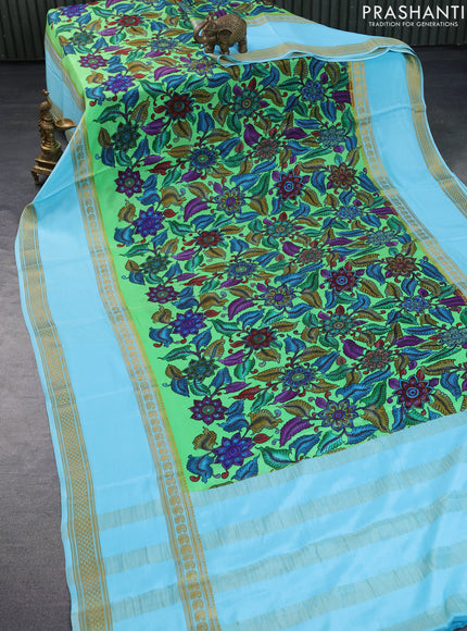 Pure mysore silk saree light green and light blue with kalamkari digital prints and long zari woven border