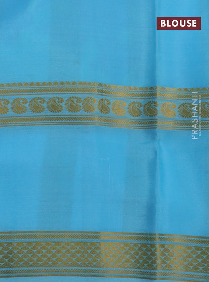 Pure mysore silk saree light green and light blue with kalamkari digital prints and long zari woven border