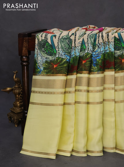 Pure mysore silk saree cream and lime yellow with digital prints and long zari woven border