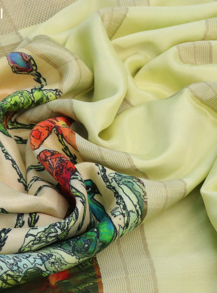 Pure mysore silk saree cream and lime yellow with digital prints and long zari woven border