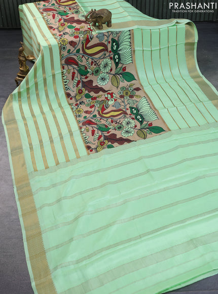 Pure mysore silk saree sandal and pista green with allover digital prints & zari weaves and long zari woven border