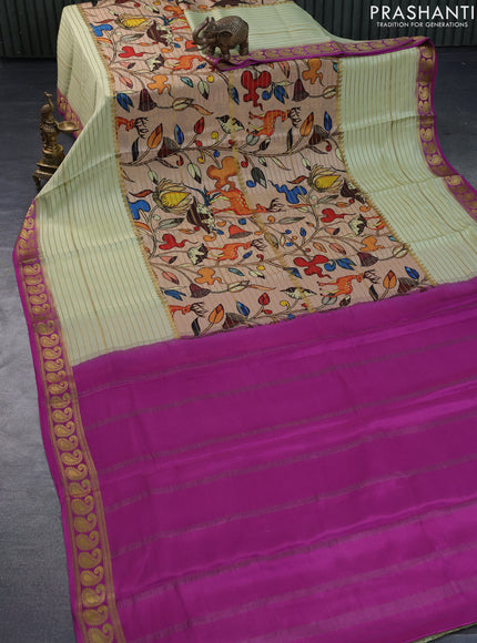 Pure mysore silk saree sandal and cream magenta pink with allover digital prints & zari weaves and long zari woven border