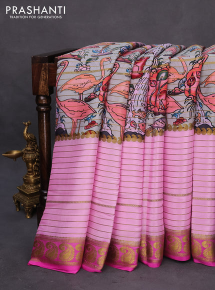 Pure mysore silk saree pastel grey and light pink with allover digital prints & zari weaves and long zari woven border