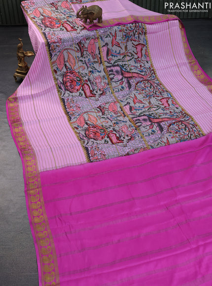 Pure mysore silk saree pastel grey and light pink with allover digital prints & zari weaves and long zari woven border