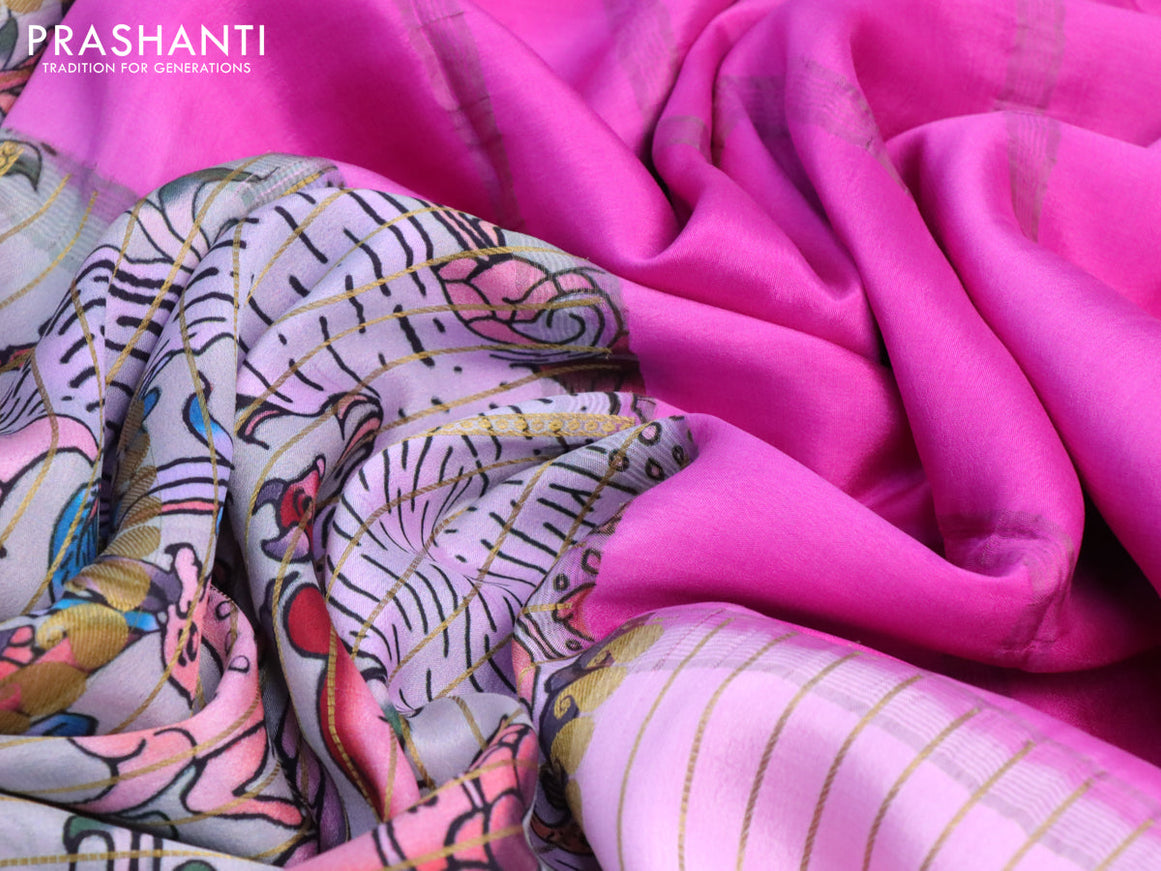 Pure mysore silk saree pastel grey and light pink with allover digital prints & zari weaves and long zari woven border