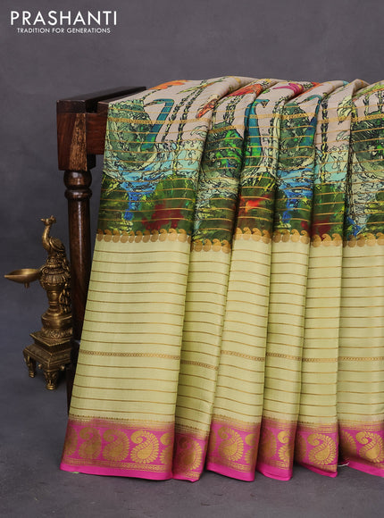 Pure mysore silk saree beige and cream pink with allover digital prints & zari weaves and long zari woven border