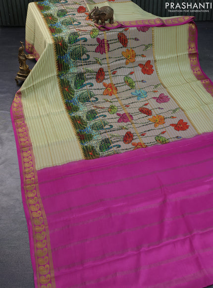 Pure mysore silk saree beige and cream pink with allover digital prints & zari weaves and long zari woven border