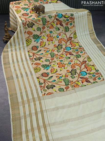 Pure mysore silk saree sandal and cream with digital kalamkari prints and long zari woven border