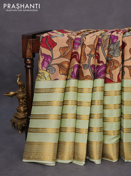 Pure mysore silk saree sandal and pista green with digital kalamkari prints and long zari woven border