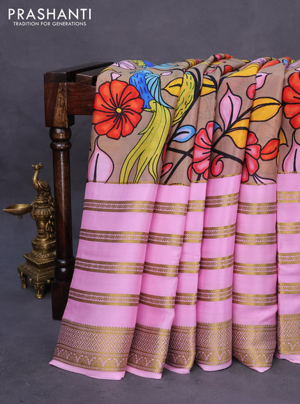 Pure mysore silk saree beige and light pink with digital kalamkari prints and long zari woven border