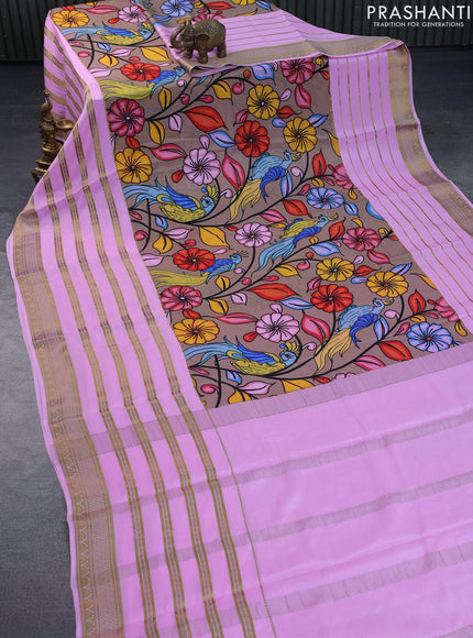 Pure mysore silk saree beige and light pink with digital kalamkari prints and long zari woven border