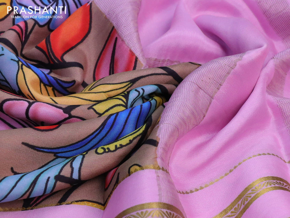 Pure mysore silk saree beige and light pink with digital kalamkari prints and long zari woven border