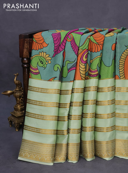 Pure mysore silk saree pastel green and pista green with digital kalamkari prints and long zari woven border