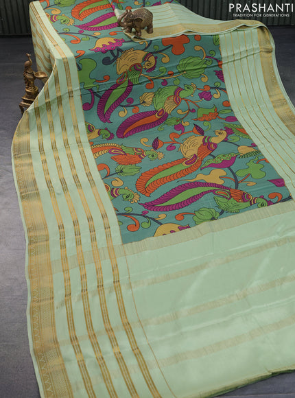 Pure mysore silk saree pastel green and pista green with digital kalamkari prints and long zari woven border