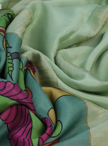 Pure mysore silk saree pastel green and pista green with digital kalamkari prints and long zari woven border