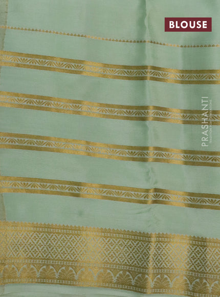 Pure mysore silk saree pastel green and pista green with digital kalamkari prints and long zari woven border