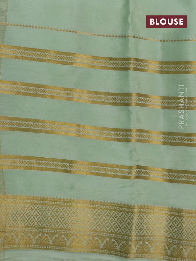 Pure mysore silk saree pastel green and pista green with digital kalamkari prints and long zari woven border