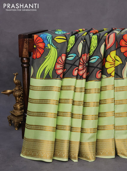 Pure mysore silk saree elephant grey and pista green with digital kalamkari prints and long zari woven border